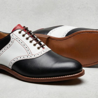 Crafted leather mens tri color white/black/red leather saddle golf dress shoes