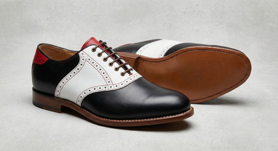 Crafted Leather Mens Tri Color White/Black/Red Leather Saddle Golf Dress Shoes