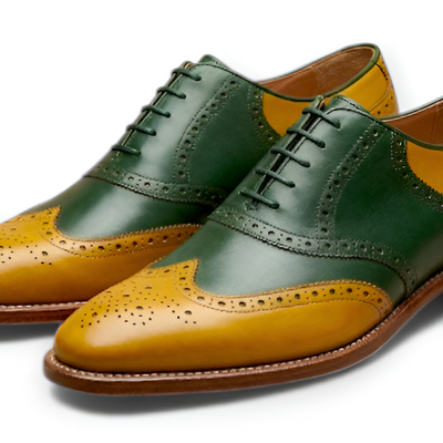 Crafted leather mens designer green yellow leather saddle golf dress shoes