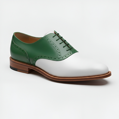 Crafted Leather Mens Designer White Green Leather Saddle Golf Dress Shoes