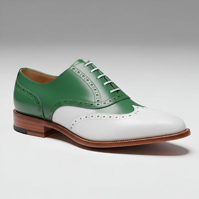 Crafted Leather Mens Designer White Green Leather Saddle Golf Dress Shoes