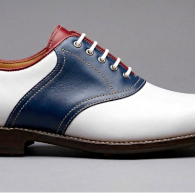 Crafted leather mens tri color white/blue/red leather saddle golf dress shoes