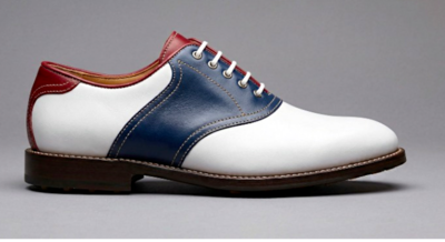 Crafted Leather Mens Tri Color White/Blue/Red Leather Saddle Golf Dress Shoes