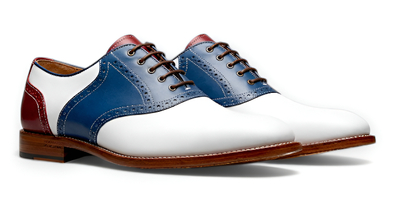 Crafted Leather Mens Tri Color White/Blue/Red Leather Saddle Golf Dress Shoes