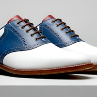 Crafted Leather Mens Tri Color White/Blue/Red Leather Saddle Golf Dress Shoes - Thumbnail 1