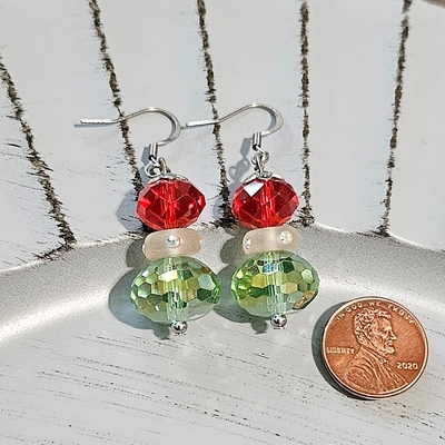 Genuine "sw" crystal winter christmas holiday red, green & white drop earrings with surgical steel ear wires