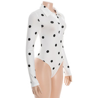 Vintage-style polka dot print slim-fit long-sleeved jumpsuit with a polo collar. - Thumbnail 1