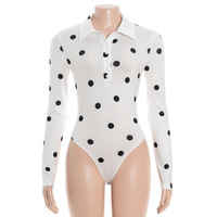 Vintage-style polka dot print slim-fit long-sleeved jumpsuit with a polo collar. - Thumbnail 2