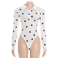Vintage-style polka dot print slim-fit long-sleeved jumpsuit with a polo collar. - Thumbnail 3