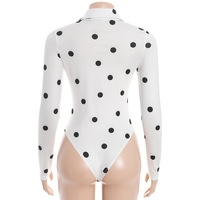 Vintage-style polka dot print slim-fit long-sleeved jumpsuit with a polo collar. - Thumbnail 4