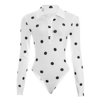 Vintage-style polka dot print slim-fit long-sleeved jumpsuit with a polo collar. - Thumbnail 6