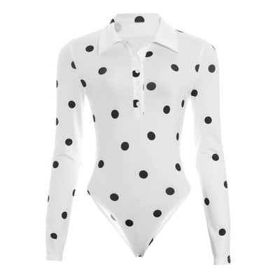 Vintage-style polka dot print slim-fit long-sleeved jumpsuit with a polo collar.