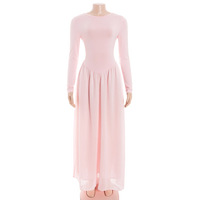 Round-neck, long-sleeved, solid-color, high-waisted dress with a large flared skirt. - Thumbnail 1