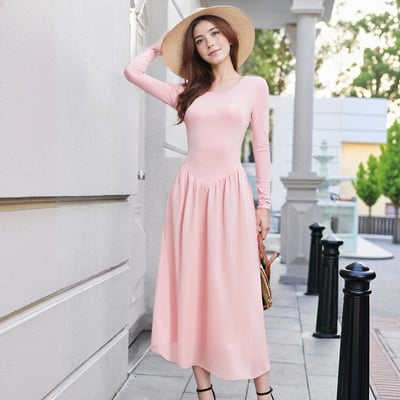 Round-neck, long-sleeved, solid-color, high-waisted dress with a large flared skirt. - Thumbnail 1