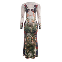 Spring-themed floral and botanical print slim-fit high-waisted long-sleeved maxi dress - Thumbnail 2
