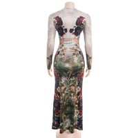 Spring-themed floral and botanical print slim-fit high-waisted long-sleeved maxi dress - Thumbnail 3