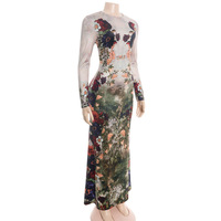 Spring-themed floral and botanical print slim-fit high-waisted long-sleeved maxi dress - Thumbnail 4