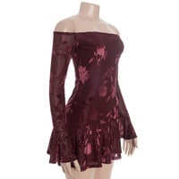 Sexy off-the-shoulder long-sleeved jacquard fabric fitted high-waisted ruffle mini dress. - Thumbnail 1