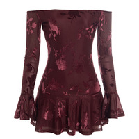 Sexy off-the-shoulder long-sleeved jacquard fabric fitted high-waisted ruffle mini dress. - Thumbnail 2