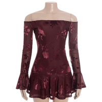 Sexy off-the-shoulder long-sleeved jacquard fabric fitted high-waisted ruffle mini dress. - Thumbnail 3