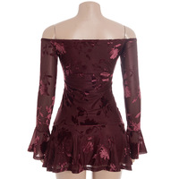 Sexy off-the-shoulder long-sleeved jacquard fabric fitted high-waisted ruffle mini dress. - Thumbnail 4