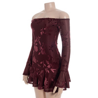 Sexy off-the-shoulder long-sleeved jacquard fabric fitted high-waisted ruffle mini dress. - Thumbnail 5