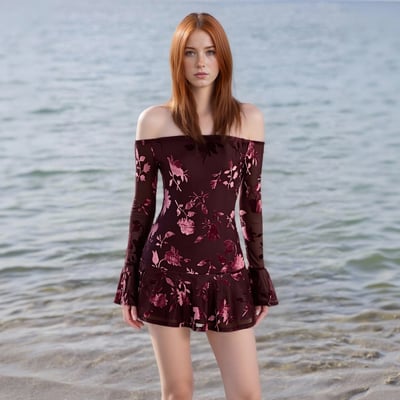 Sexy off-the-shoulder long-sleeved jacquard fabric fitted high-waisted ruffle mini dress. - Thumbnail 1