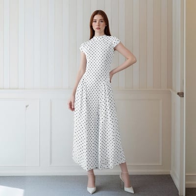 Retro style polka dot print sleeveless round neck fitted high-waisted a-line dress. - Thumbnail 1