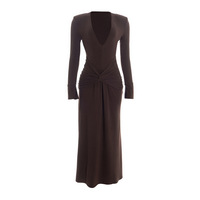 Deep V-neck, long-sleeved, sexy, ruched, solid-colored dress with tie-up detail. - Thumbnail 3