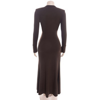 Deep V-neck, long-sleeved, sexy, ruched, solid-colored dress with tie-up detail. - Thumbnail 4