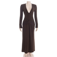Deep V-neck, long-sleeved, sexy, ruched, solid-colored dress with tie-up detail. - Thumbnail 5