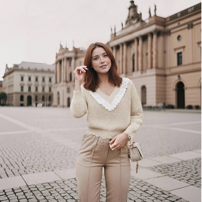 Lace panel v-neck lace pullover knit sweater - Thumbnail 5