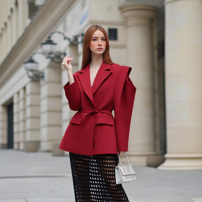 Fashionable design waist tie wide shoulder suit jacket - Thumbnail 5