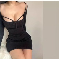 Hollow-out lace-up short-sleeved knit dress - Thumbnail 1