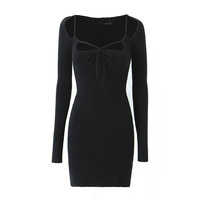 Hollow-out lace-up short-sleeved knit dress - Thumbnail 3