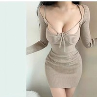 Hollow-out lace-up short-sleeved knit dress - Thumbnail 3