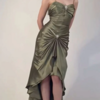 Spaghetti Strap Retro Green Satin Prom Dress Long Evening Dress - Thumbnail 1