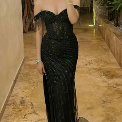 Off the shoulder mermaid black sequin mother of bridal dress formal prom dresses - Thumbnail 1