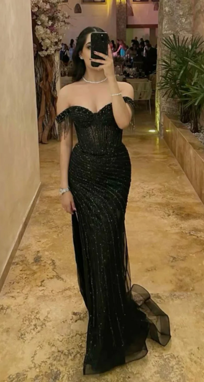 Off The Shoulder Mermaid Black Sequin Mother Of Bridal Dress Formal Prom Dresses