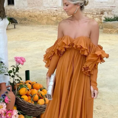 Elegant yellow brown solid color off shoulder mother of the bridal dress long evening dress - Thumbnail 1