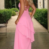 Spaghetti Strap Long Backless Pink Prom Dresses Long Evening Party Gowns - Thumbnail 1