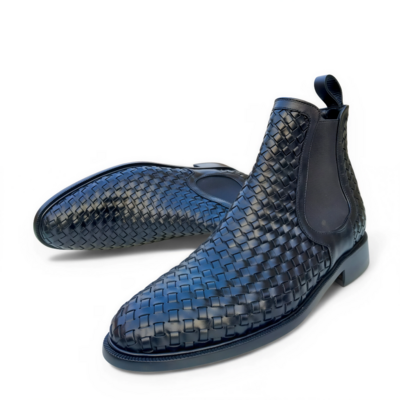 Crafted leather mens classic black woven leather chelsea dress boot