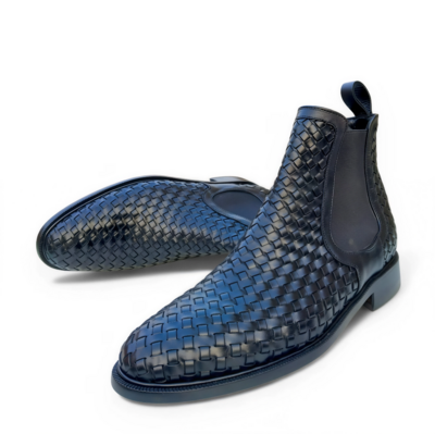 Crafted Leather Mens Classic Black Woven Leather Chelsea Dress Boot
