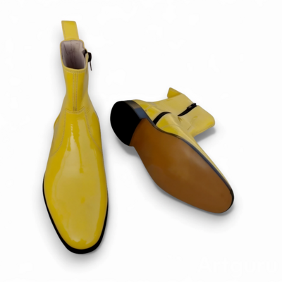 Crafted leather mens classic yellow patent leather ankle high jodhpur boot