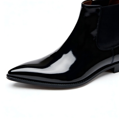Crafted Leather Mens Classic Black Patent Leather Pointed Toe Ankle High Chelsea Boot