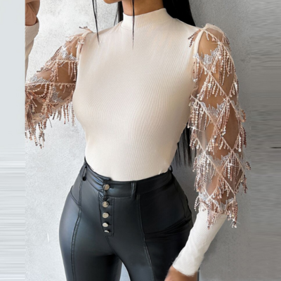 Temperament women's long sleeved sequined top - Thumbnail 1