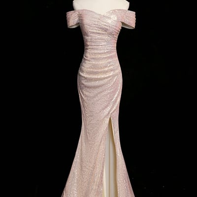 Pink mermaid sequins long prom party dress