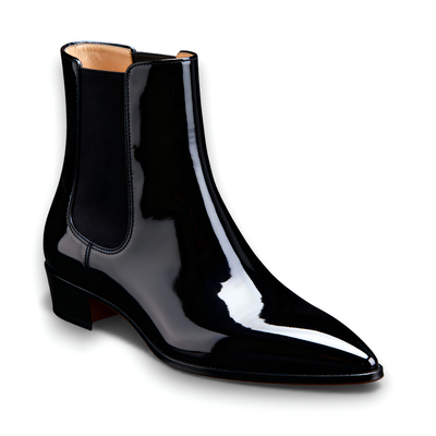 Crafted Leather Mens Classic Black Patent Leather Pointed Toe Chelsea Boot