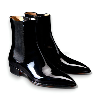Crafted leather mens classic black patent leather pointed toe chelsea boot