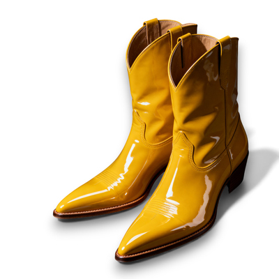 Crafted leather mens classic yellow patent leather pointed toe cowboy boot